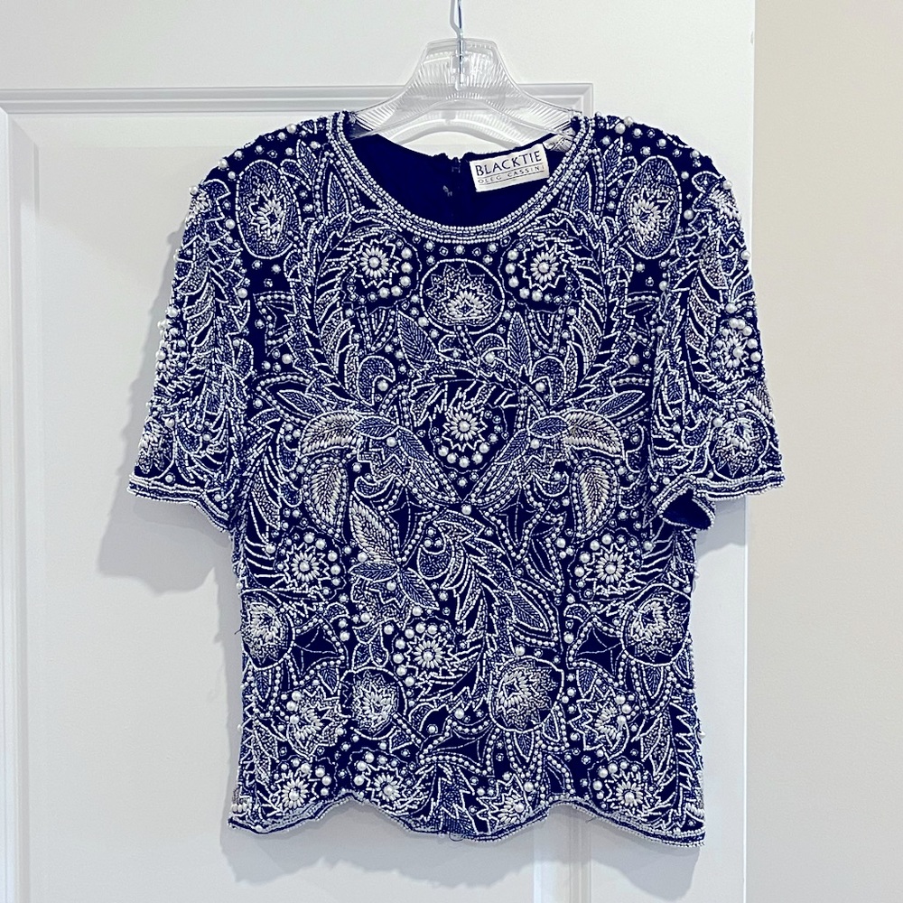 Black Tie Oleg Cassini Vintage Strong Shoulders Navy Silver Cream Beaded Top S